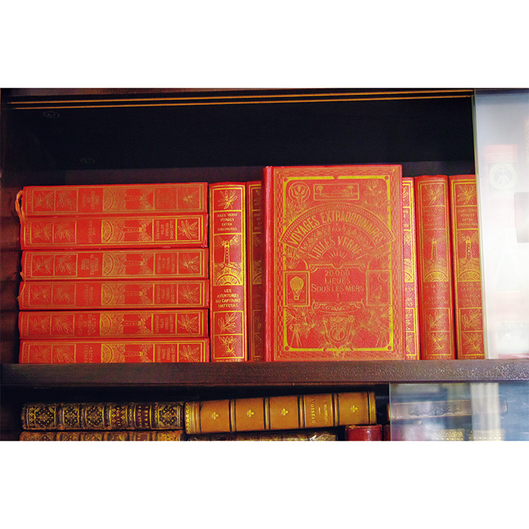 本棚に並べられたドミニク・ガレタさんの私物のジュール・ヴェルヌの大全集